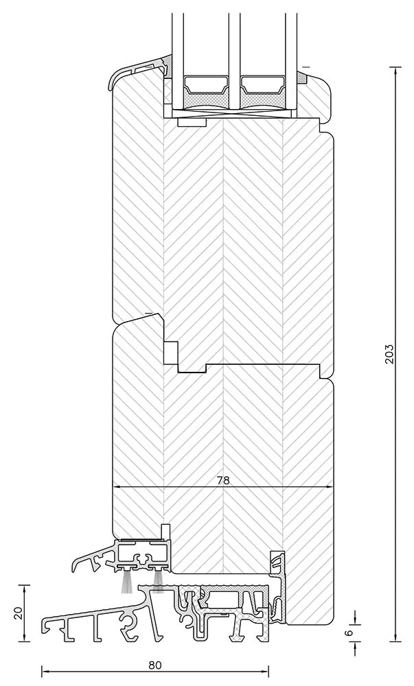 SOFTLINE 78 medinių durų techninis pjūvis