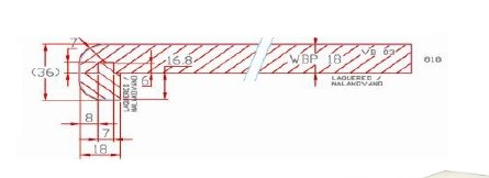 Laminuotos MDP palangės pjūvis: 18 mm pagrindas ir 36 mm snapelis