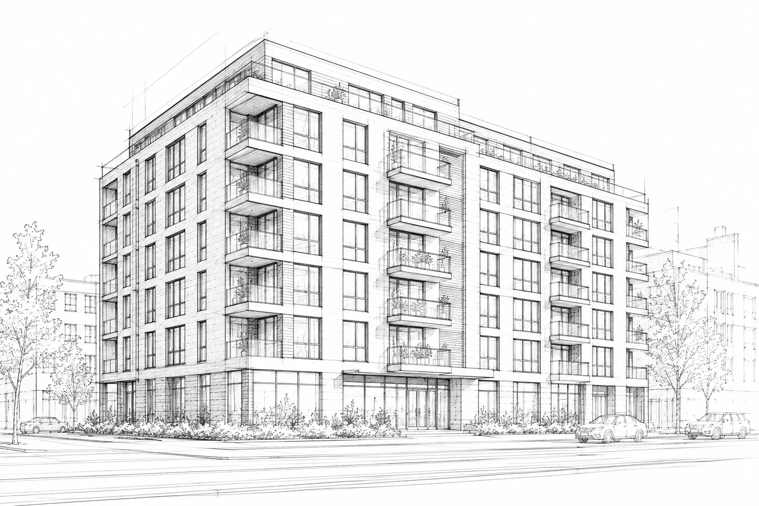 Modernaus daugiabučio architektūrinis eskizas su dideliais langais
