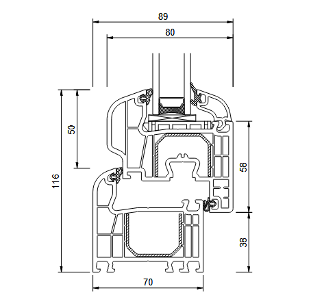 IGLO 5 70 mm lango profilio techninis pjūvis su matmenimis