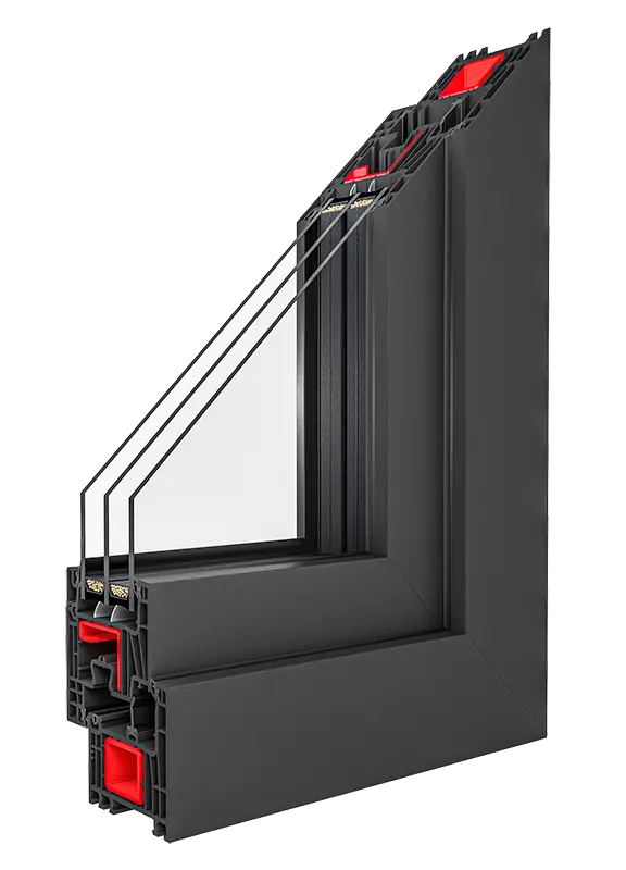 IGLO Expert antracito spalvos PVC lango profilis su rėmo ir varčios pjūviu